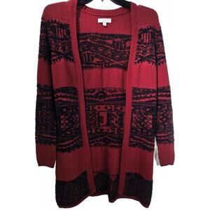 New Directions Red with Black Chenille Patterned Knit Cardigan Sweater Size S